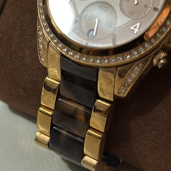 Michael Kors Watch-Yellow Gold Toned/Tortoise Band-Pink Face-Crystal Bezel-Box - Picture 4 of 17